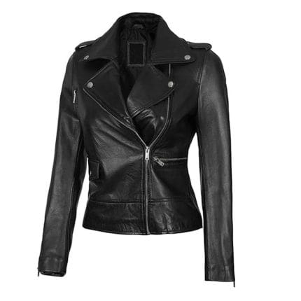 Women’s Black Faux Leather Moto Jacket Asymmetrical Slim Biker Style with Zipper Pockets & Comfortable Lining - Image 3