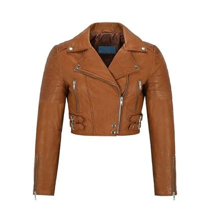 Women’s Brown Cropped Faux Leather Biker Jacket Moto Style Short Coat with Zipper Closure, Buckle Straps & Side Pockets Casual & Party Wear Outerwear - Image 2