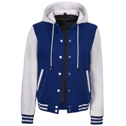 Women’s Hooded Varsity Jacket Blue Body with White Sleeves | Classic Letterman High School Baseball Bomber Hoodie for Women, Fleece Outer & Soft Polyester Lining - Image 2