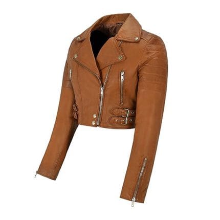 Women’s Brown Cropped Faux Leather Biker Jacket Moto Style Short Coat with Zipper Closure, Buckle Straps & Side Pockets Casual & Party Wear Outerwear - Image 3