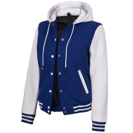 Women’s Hooded Varsity Jacket Blue Body with White Sleeves | Classic Letterman High School Baseball Bomber Hoodie for Women, Fleece Outer & Soft Polyester Lining - Image 3