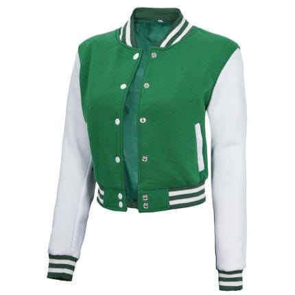 Green & White Cropped Varsity Jacket Women Trendy Baseball Letterman Bomber with Fleece & Polyester Comfort - Image 3
