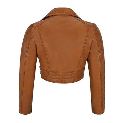 Women’s Brown Cropped Faux Leather Biker Jacket Moto Style Short Coat with Zipper Closure, Buckle Straps & Side Pockets Casual & Party Wear Outerwear - Image 5