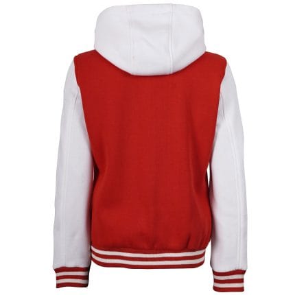 Women’s Hooded Varsity Jacket Red Body with White Sleeves | Classic Letterman High School Baseball Bomber Hoodie for Women, Fleece Outer & Soft Lining - Image 4