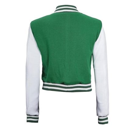 Green & White Cropped Varsity Jacket Women Trendy Baseball Letterman Bomber with Fleece & Polyester Comfort - Image 4