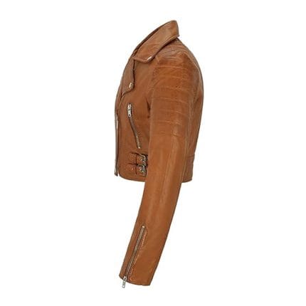 Women’s Brown Cropped Faux Leather Biker Jacket Moto Style Short Coat with Zipper Closure, Buckle Straps & Side Pockets Casual & Party Wear Outerwear - Image 4