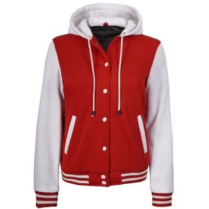 Women’s Hooded Varsity Jacket Red Body with White Sleeves | Classic Letterman High School Baseball Bomber Hoodie for Women, Fleece Outer & Soft Lining - Image 3