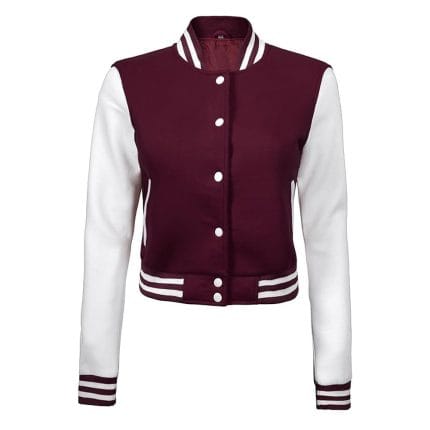 Maroon & White Cropped Varsity Jacket Women Stylish Baseball Letterman Bomber with Fleece Comfort - Image 2