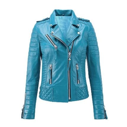 Women's Turquoise Faux Leather Biker Jacket Stylish Motorcycle Coat with Satin Lining & YKK Zipper - Image 2
