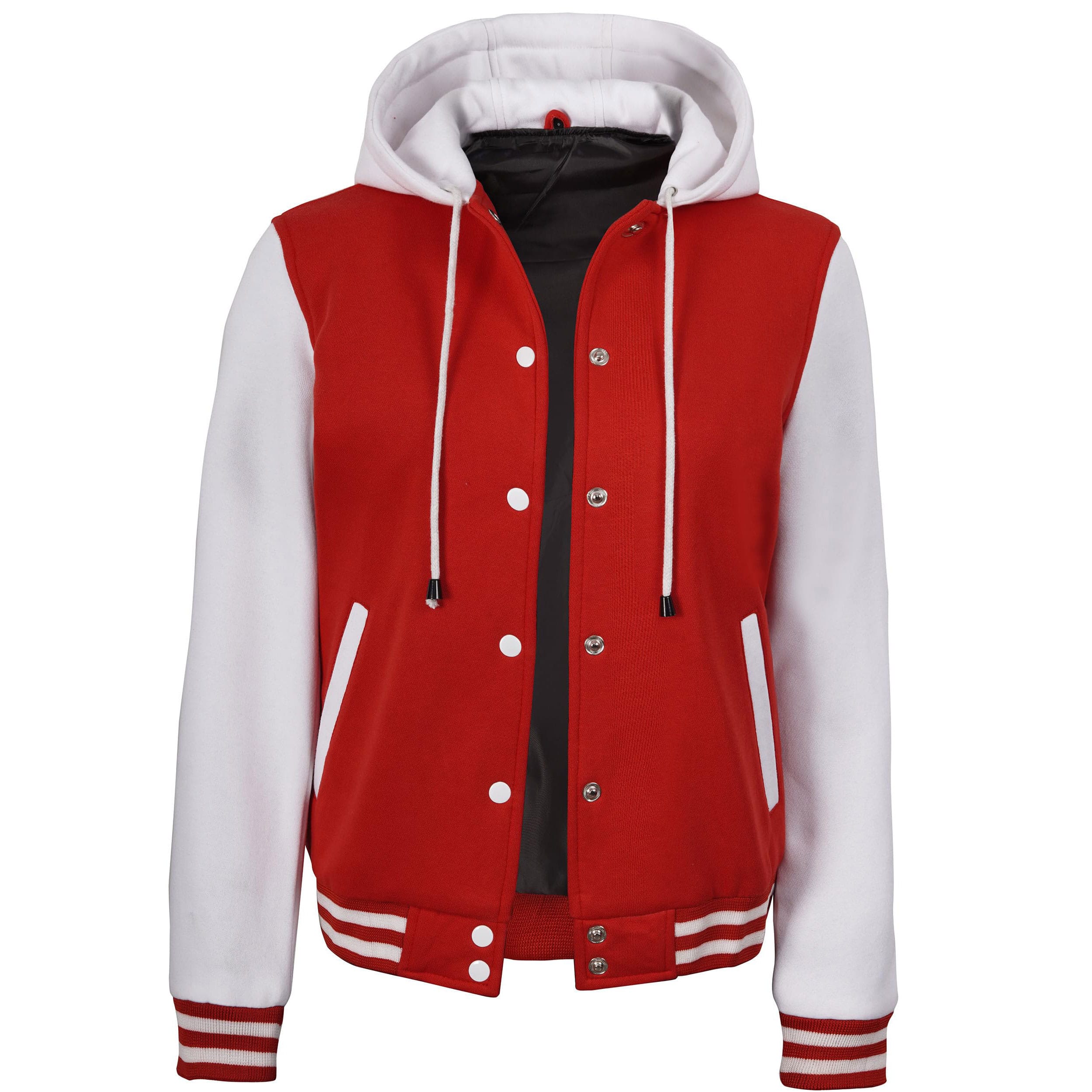 19 Women’s Hooded Varsity Jacket Red Body with White Sleeves | Classic Letterman High School Baseball Bomber Hoodie for Women, Fleece Outer & Soft Lining - Image 1