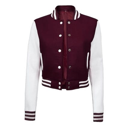 Maroon & White Cropped Varsity Jacket Women Stylish Baseball Letterman Bomber with Fleece Comfort - Image 3