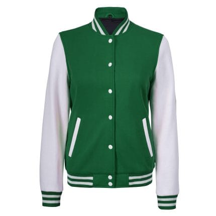 Women’s Green and White Varsity Jacket Letterman Baseball Bomber Jacket for Women | High School College Style Lightweight Outerwear - Image 2