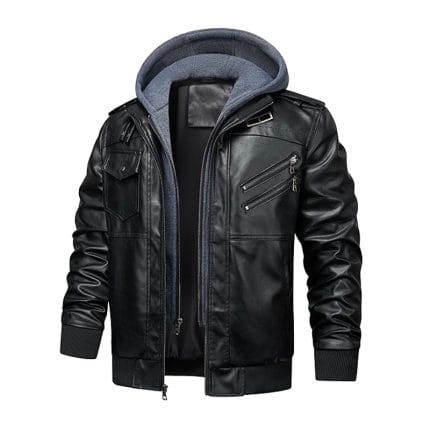Men’s Black Leather Jacket with Removable Hood Zip-Up Biker Style, Casual Streetwear Outerwear with Multiple Pockets & Soft Lining - Image 4