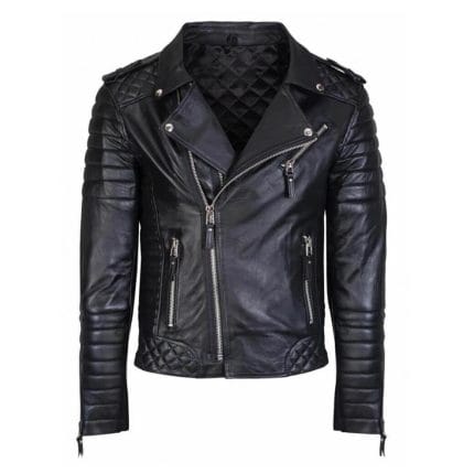 Men’s Black Sheepskin Leather Biker Jacket Diamond Quilted, Slim Fit Motorcycle Riding Coat with Zipper & Multiple Pockets - Image 2
