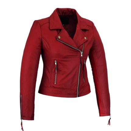 Women’s Red Sheepskin Leather Jacket Slim Fit Moto Biker Coat with YKK Zippers & Zippered Sleeves Casual & Motorcycle Riding Outerwear - Image 3