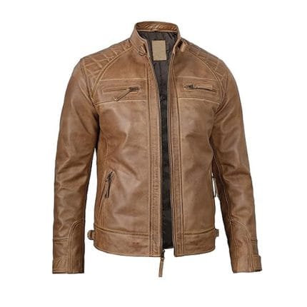 Men’s Brown Cafe Racer Leather Jacket 100% Real Lambskin Biker Motorcycle Jacket with Quilted Shoulders, Slim Fit, Multiple Zipper Pockets Vintage Distressed Style by Decrum - Image 3
