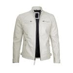 Men’s White Cafe Racer Leather Jacket 100% Real Lambskin Motorcycle Biker Jacket with Quilted Shoulders, Slim Fit, Zipper Pockets Vintage Racing & Street Style by Decrum