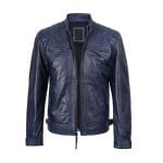 Men’s Navy Blue Cafe Racer Leather Jacket 100% Real Lambskin Motorcycle Biker Jacket with Quilted Shoulders, Slim Fit, YKK Zipper Pockets & Adjustable Waist Premium Riding & Casual Wear by Decrum