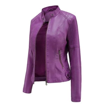 Women’s Purple Faux Leather Jacket Slim Fit Moto Biker Style Lightweight Outerwear for Women | Leather Jacket Women Fashion - Image 4
