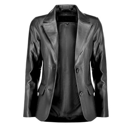 Women’s Black Lambskin Leather Blazer 2-Button Suit Jacket with Notched Lapel Genuine Leather Casual & Formal Coat for Office, Travel & Evening Wear - Image 3