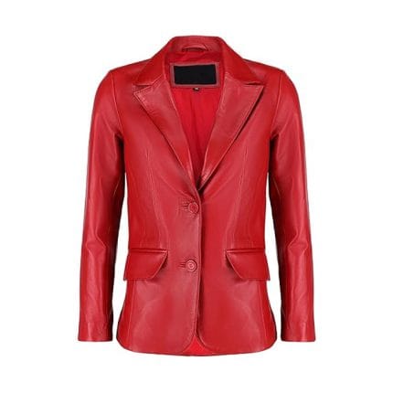 Women’s Red Lambskin Leather Blazer 2-Button Suit Jacket with Notched Lapel Genuine Leather Formal & Casual Coat for Office, Travel & Evening Wear - Image 4
