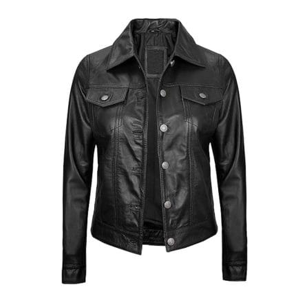 Women’s Black Real Lambskin Leather Jacket Stylish Trucker Coat with Button Closure, Multiple Pockets & Premium Quality Outerwear - Image 2