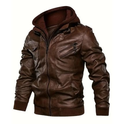 Men’s Retro PU Leather Bomber Jacket with Detachable Hood Zipper Closure, Ribbed Cuffs & Urban Casual Riding Style - Image 3