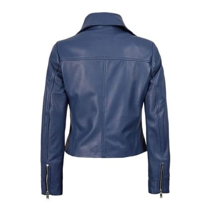 Women’s Blue Faux Leather Moto Biker Jacket Slim Fit Lightweight Motorcycle Style Outerwear with Asymmetrical Zipper, Stylish Pockets & Comfortable Inner Lining Perfect for Casual Wear, Parties & Travel - Image 5