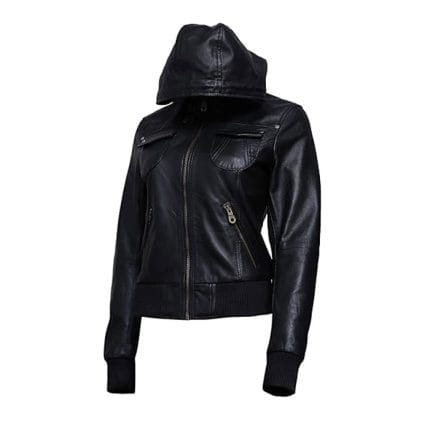 Women’s Genuine Lambskin Leather Hooded Motorcycle Jacket Black Bomber Style with Removable Hood, Ribbed Cuffs & Quilted Lining - Image 3