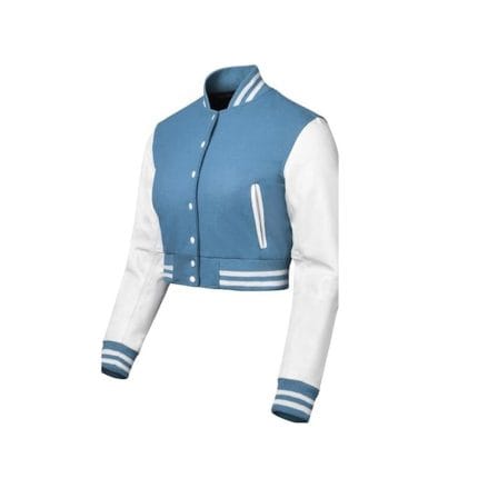 Women’s Cropped Varsity Jacket Blue Wool Body with White Faux Leather Sleeves | Trendy Baseball Bomber Style for Women - Image 3