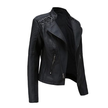 Women’s Leather Biker Jacket Moto Style Short Coat with Zip Pockets Casual Slim Fit Motorcycle Outerwear for Fashion & Riding - Image 5