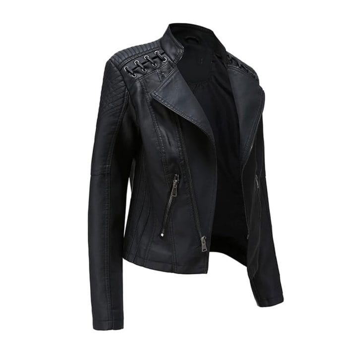 Women’s Leather Biker Jacket Moto Style Short Coat with Zip Pockets Casual Slim Fit Motorcycle Outerwear for Fashion & Riding - Image 5