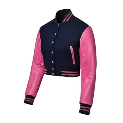 Women’s Cropped Varsity Jacket Dark Blue Wool Body with Pink Faux Leather Sleeves | Trendy Cropped Baseball Bomber Jacket with Pink Striped Details - Image 3