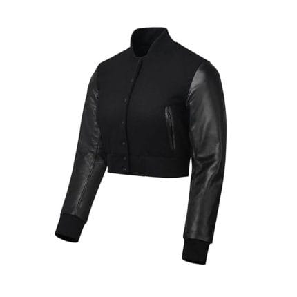 Women’s Cropped Varsity Jacket Black Wool Body with Black Faux Leather Sleeves | Stylish Cropped Baseball Bomber Jacket for Women - Image 3