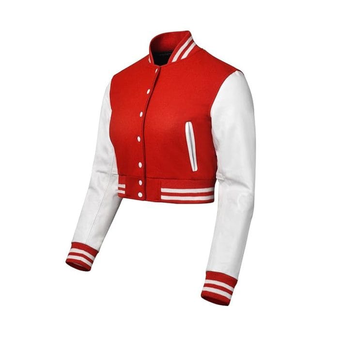 Women’s Cropped Varsity Jacket Red Wool Body with White Faux Leather Sleeves | Stylish Cropped Baseball Bomber Jacket for Women, Trendy Streetwear & Campus Fashion - Image 3