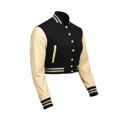 Women’s Cropped Varsity Jacket Black Wool Body with Brown Faux Leather Sleeves | Trendy Cropped Baseball Bomber Jacket for Women - Image 3