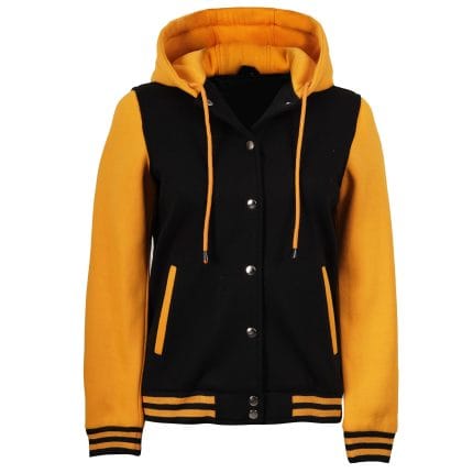 Women’s Hooded Varsity Jacket Black Body with Orange Sleeves | Classic Letterman High School Baseball Bomber Hoodie for Women, Fleece Outer & Soft Lining - Image 3