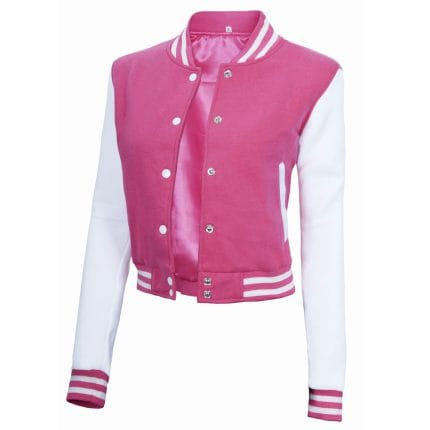 Pink & White Cropped Varsity Jacket Women Trendy Baseball Bomber Letterman Jacket with Fleece, Lightweight & Stylish - Image 3