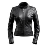 Alt Text: Women’s genuine leather biker jacket front view with slim fit and quilted shoulders.