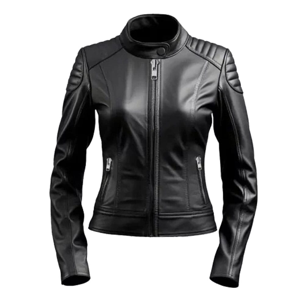 Alt Text: Women’s genuine leather biker jacket front view with slim fit and quilted shoulders.