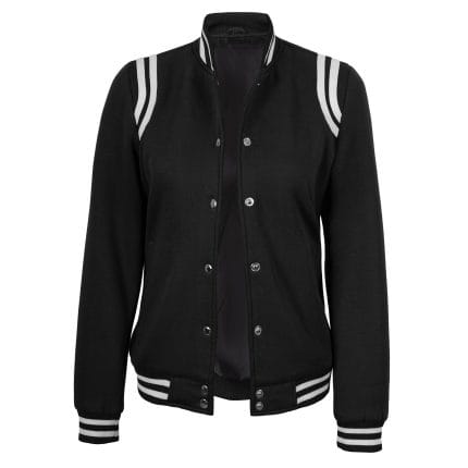 Women’s Varsity Baseball Jacket High School Letterman Bomber Style Casual Fleece Jacket with Button Closure & Pockets (Black) - Image 2