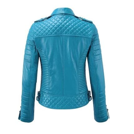 Women's Turquoise Faux Leather Biker Jacket Stylish Motorcycle Coat with Satin Lining & YKK Zipper - Image 3