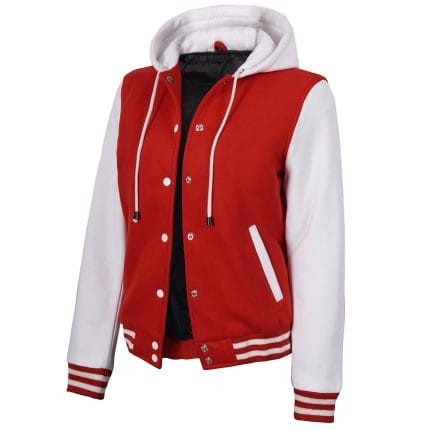 Women’s Hooded Varsity Jacket Red Body with White Sleeves | Classic Letterman High School Baseball Bomber Hoodie for Women, Fleece Outer & Soft Lining - Image 2