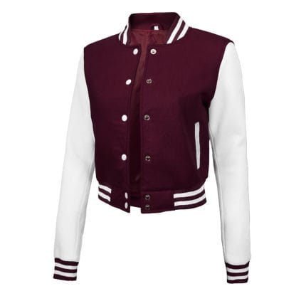 Maroon & White Cropped Varsity Jacket Women Stylish Baseball Letterman Bomber with Fleece Comfort - Image 4