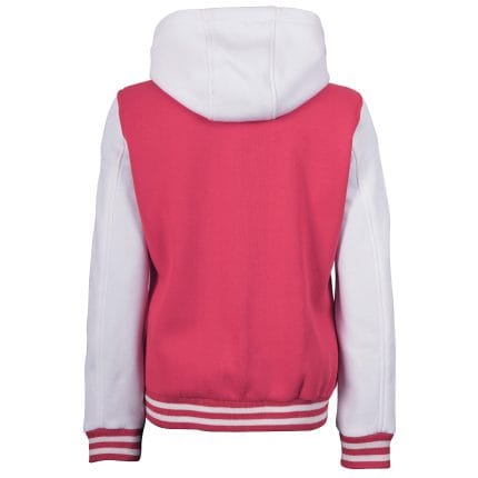 Women’s Hooded Varsity Jacket Pink Body with White Sleeves | Letterman High School Baseball Bomber, Fleece Outer & Soft Polyester Lining, Adjustable Drawstring Hood - Image 4