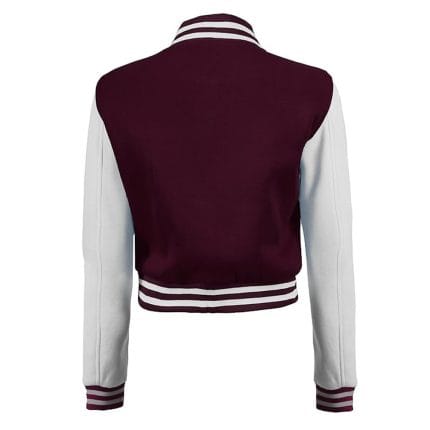Maroon & White Cropped Varsity Jacket Women Stylish Baseball Letterman Bomber with Fleece Comfort - Image 5