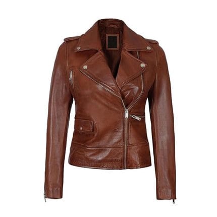Women’s Brown Faux Leather Moto Jacket Stylish Slim Fit Biker Jacket with Asymmetrical Zipper & Classic Detailing - Image 2