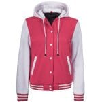 Women’s Hooded Varsity Jacket Pink Body with White Sleeves | Letterman High School Baseball Bomber, Fleece Outer & Soft Polyester Lining, Adjustable Drawstring Hood