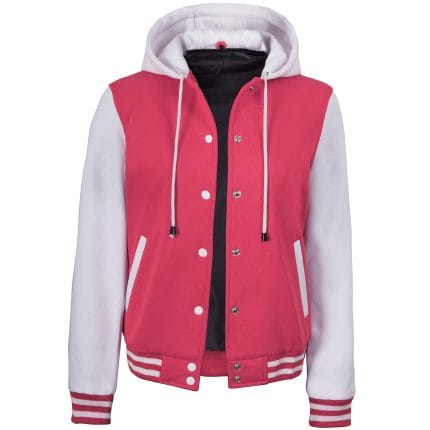Women’s Hooded Varsity Jacket Pink Body with White Sleeves | Letterman High School Baseball Bomber, Fleece Outer & Soft Polyester Lining, Adjustable Drawstring Hood - Image 2