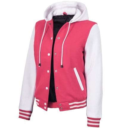 Women’s Hooded Varsity Jacket Pink Body with White Sleeves | Letterman High School Baseball Bomber, Fleece Outer & Soft Polyester Lining, Adjustable Drawstring Hood - Image 3